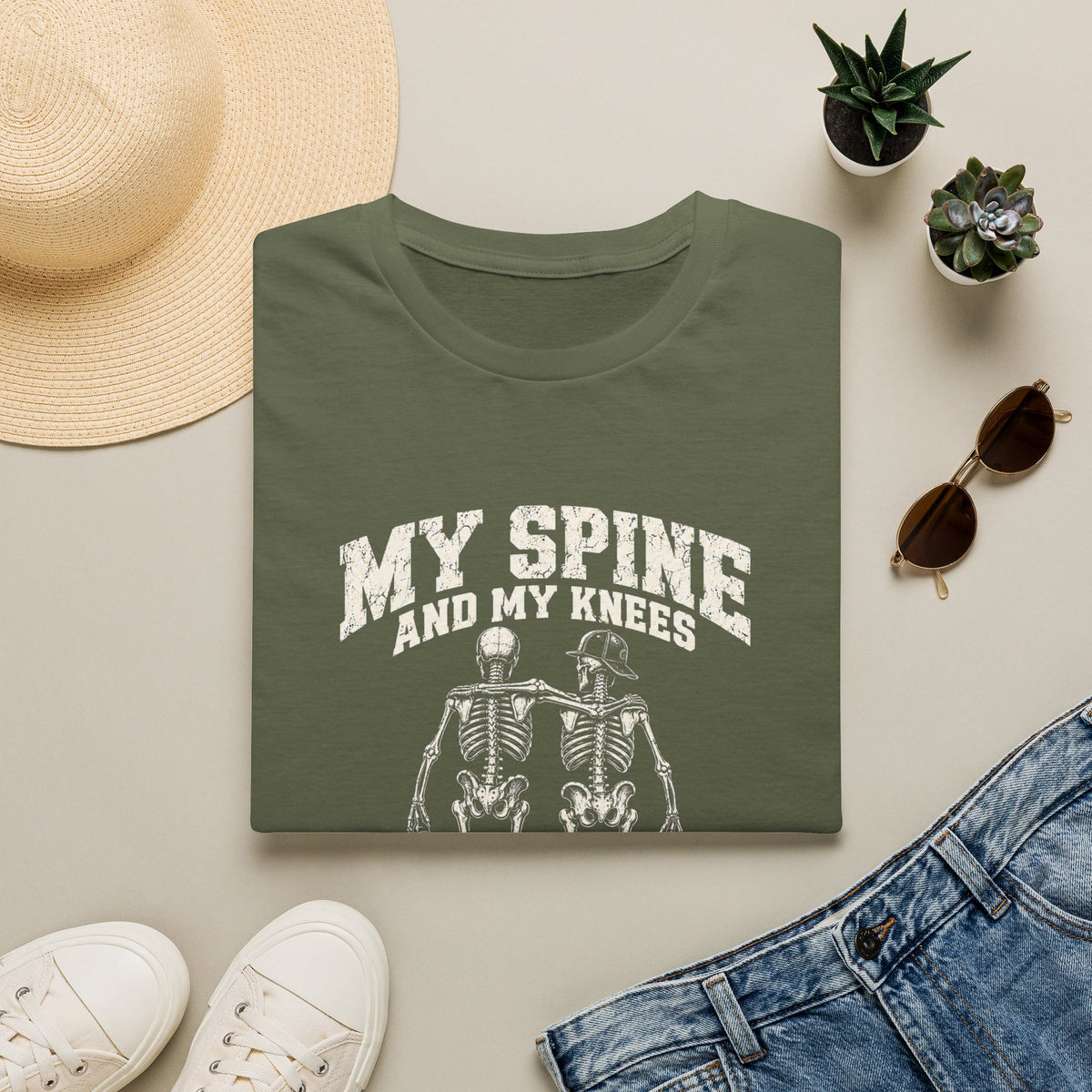 Funny Skeleton 'My Spine And My Knees, Business Partners' T-Shirt