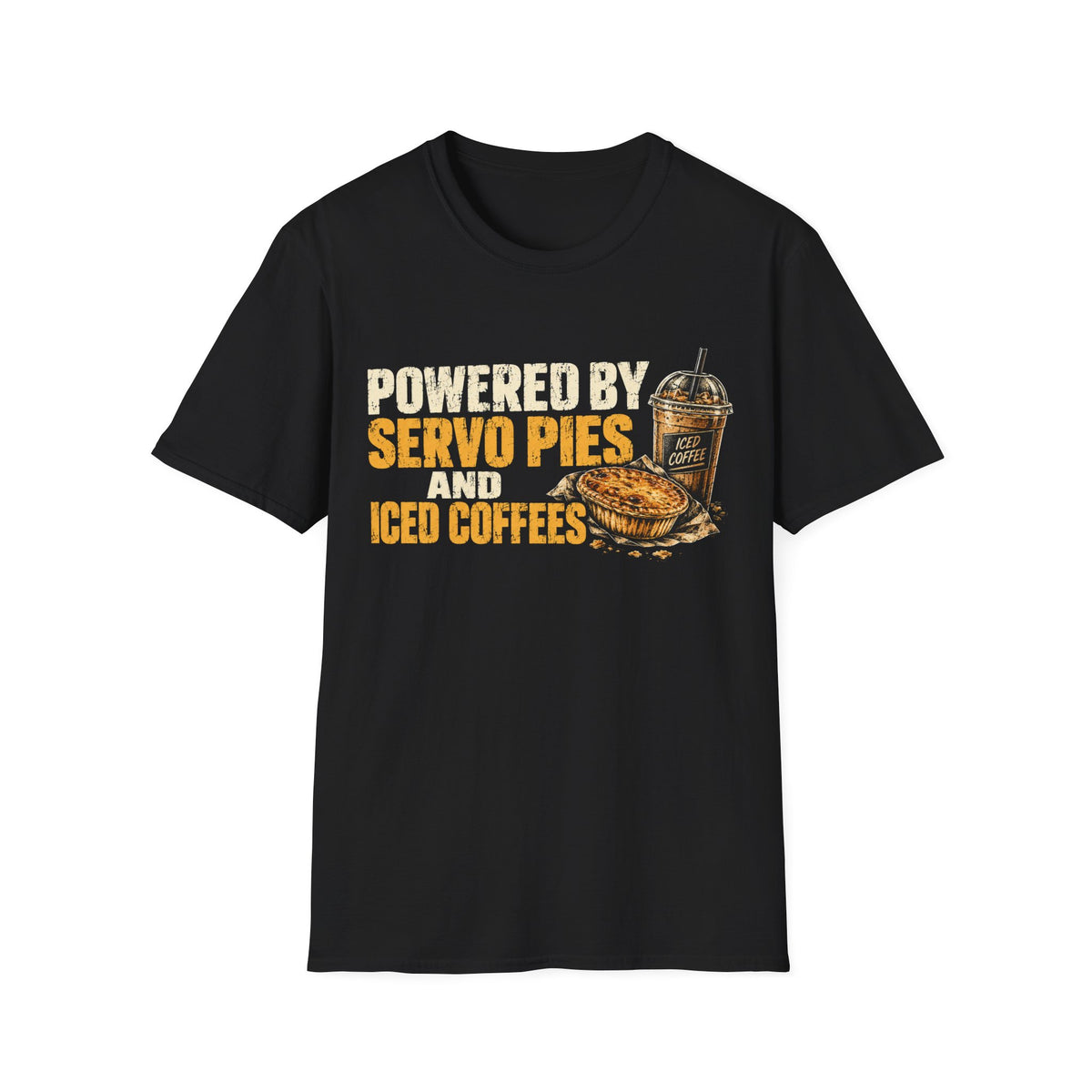 T-Shirt — "Powered by Servo Pies and Iced Coffees" Vintage Graphic