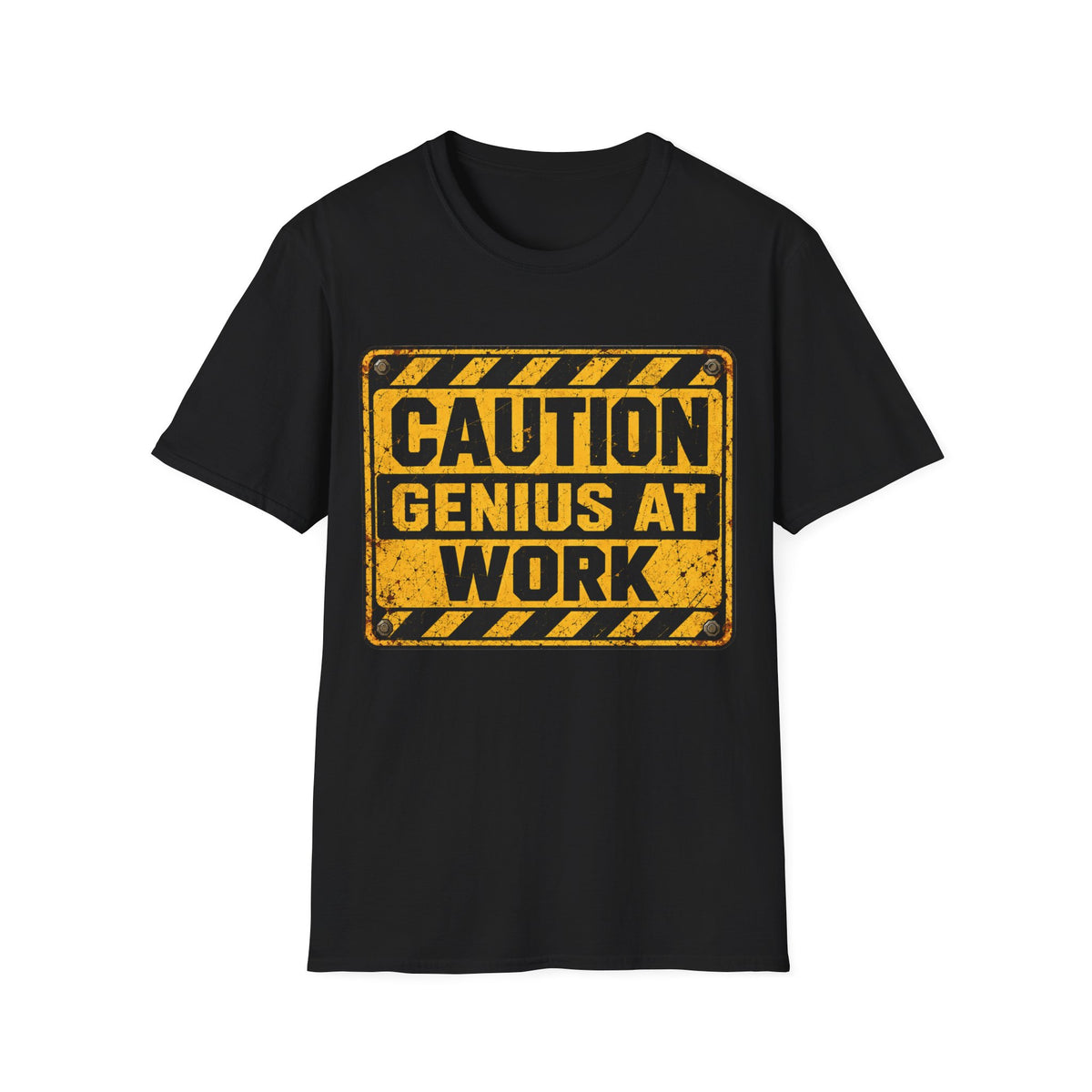 Genius At Work T-Shirt — Caution Sign Graphic Tee for Engineers & Makers