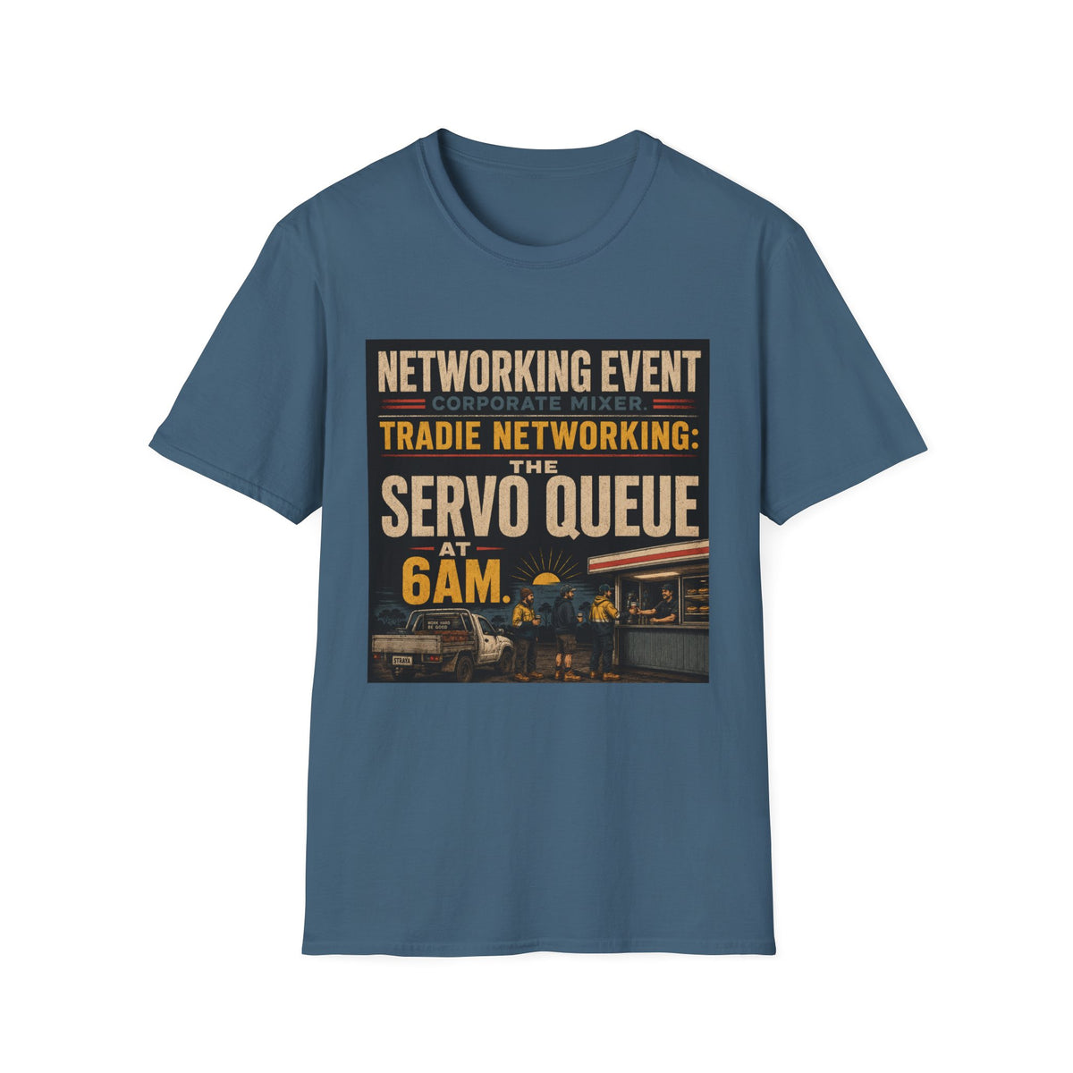 T-Shirt - "Tradie Networking: The Servo Queue at 6AM" Retro Service Station Graphic