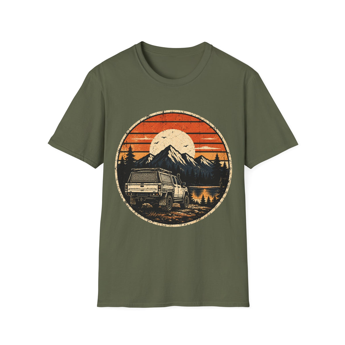 Vintage Camper Van T-Shirt — Retro Mountain Sunset Adventure Tee