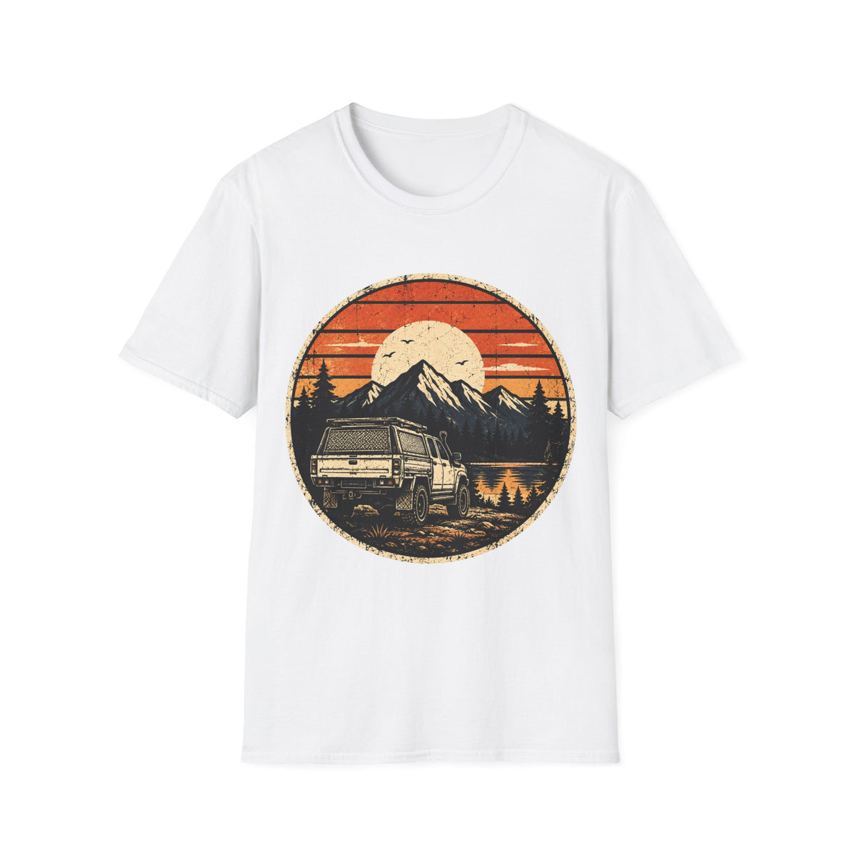 Vintage Camper Van T-Shirt — Retro Mountain Sunset Adventure Tee