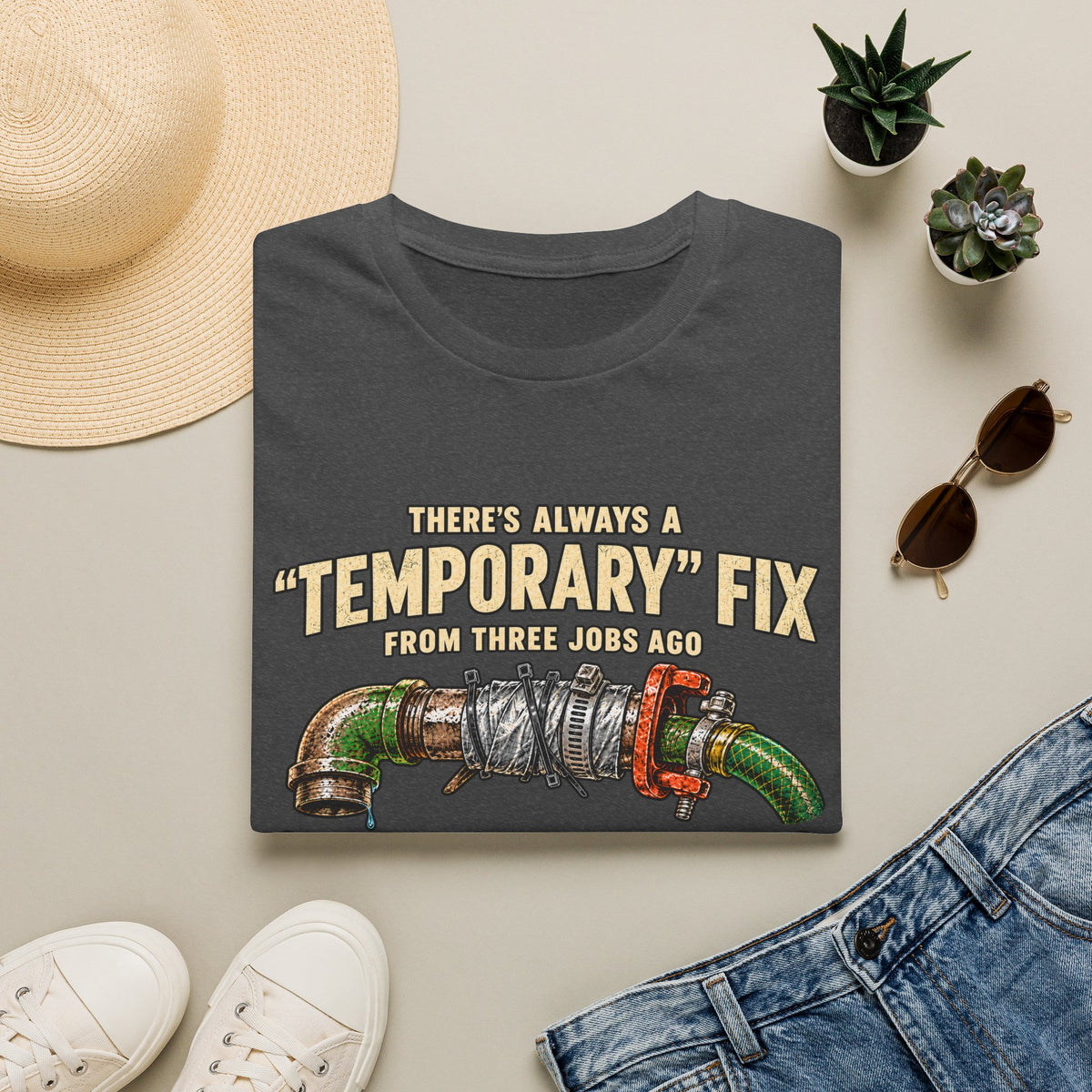 Plumber Humor T-Shirt — “There’s Always a ‘Temporary’ Fix From Three Jobs Ago Still Holding Strong”