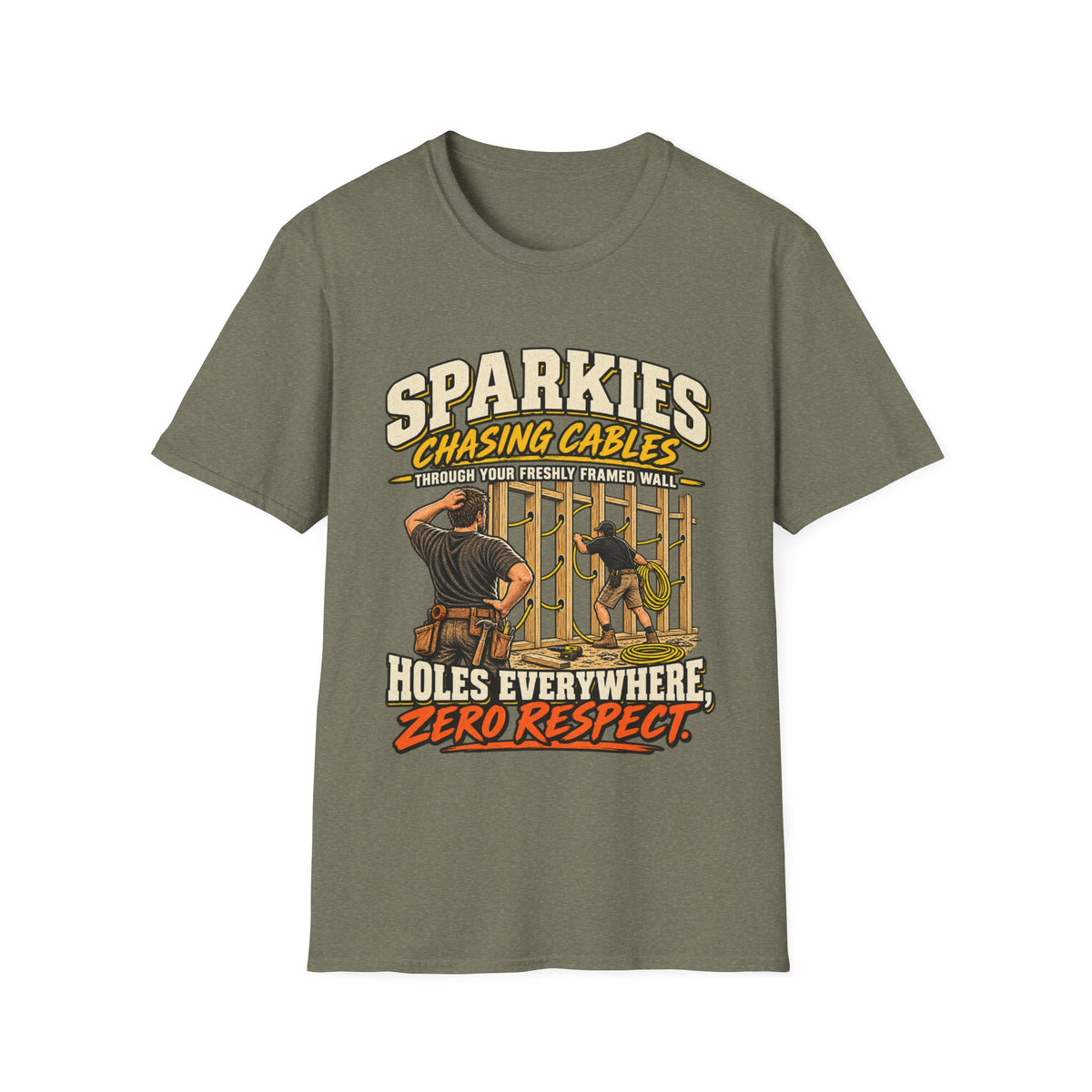 Electrician T-Shirt - "Sparkies Chasing Cables, Holes Everywhere, Zero Respect" Vintage Tradesman Tee