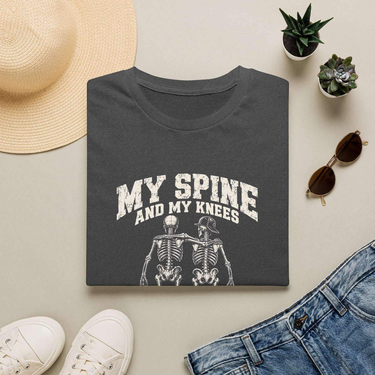 Funny Skeleton 'My Spine And My Knees, Business Partners' T-Shirt