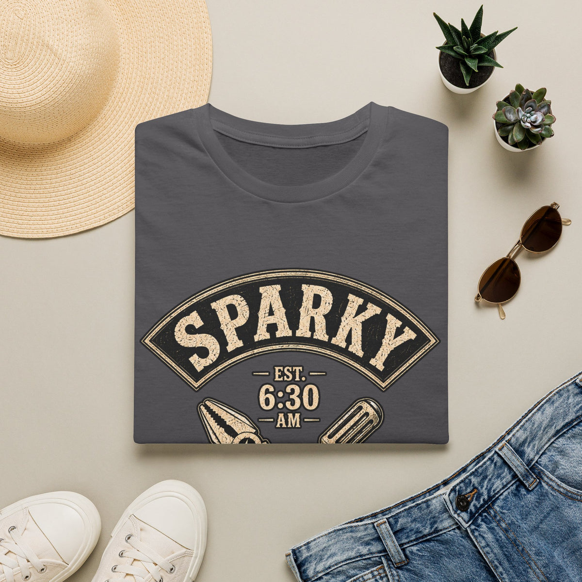 Sparky Social Club T-Shirt — Vintage Tool Graphic Tee (Est. 6:30 AM)