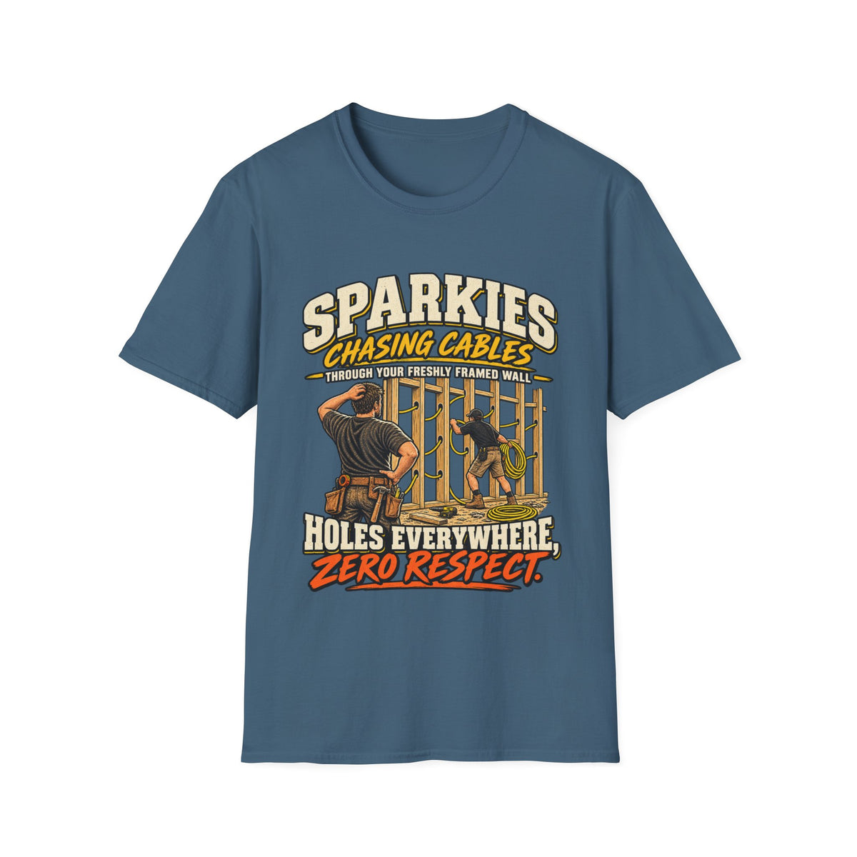 Electrician T-Shirt - "Sparkies Chasing Cables, Holes Everywhere, Zero Respect" Vintage Tradesman Tee