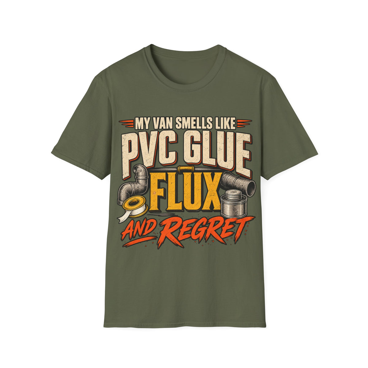 PVC Glue & Flux Funny T-Shirt — My Van Smells Like PVC Glue, Flux and Regret