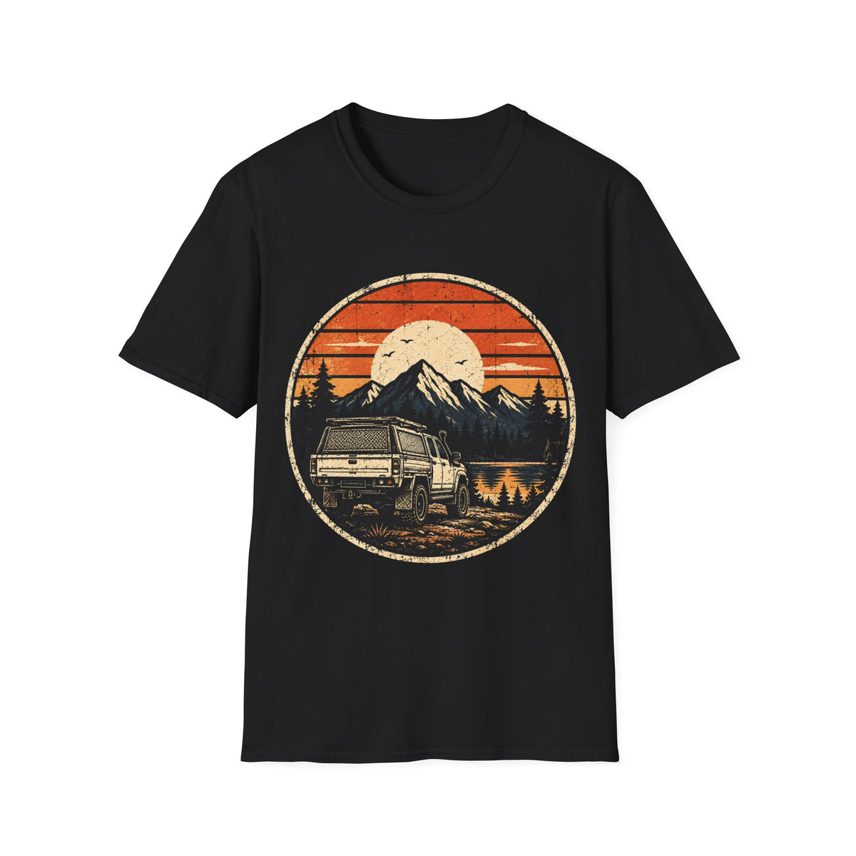 Vintage Camper Van T-Shirt — Retro Mountain Sunset Adventure Tee