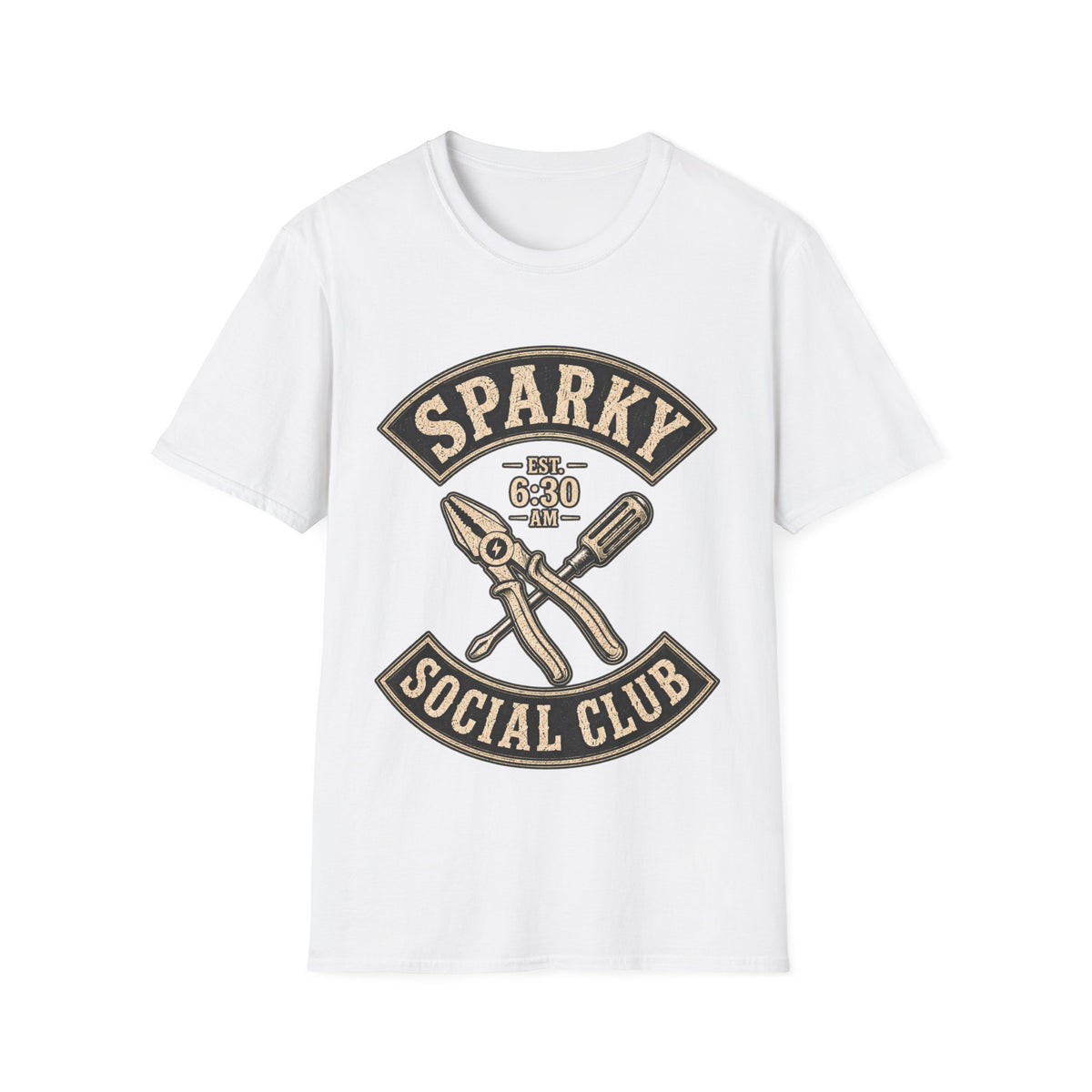 Sparky Social Club T-Shirt — Vintage Tool Graphic Tee (Est. 6:30 AM)