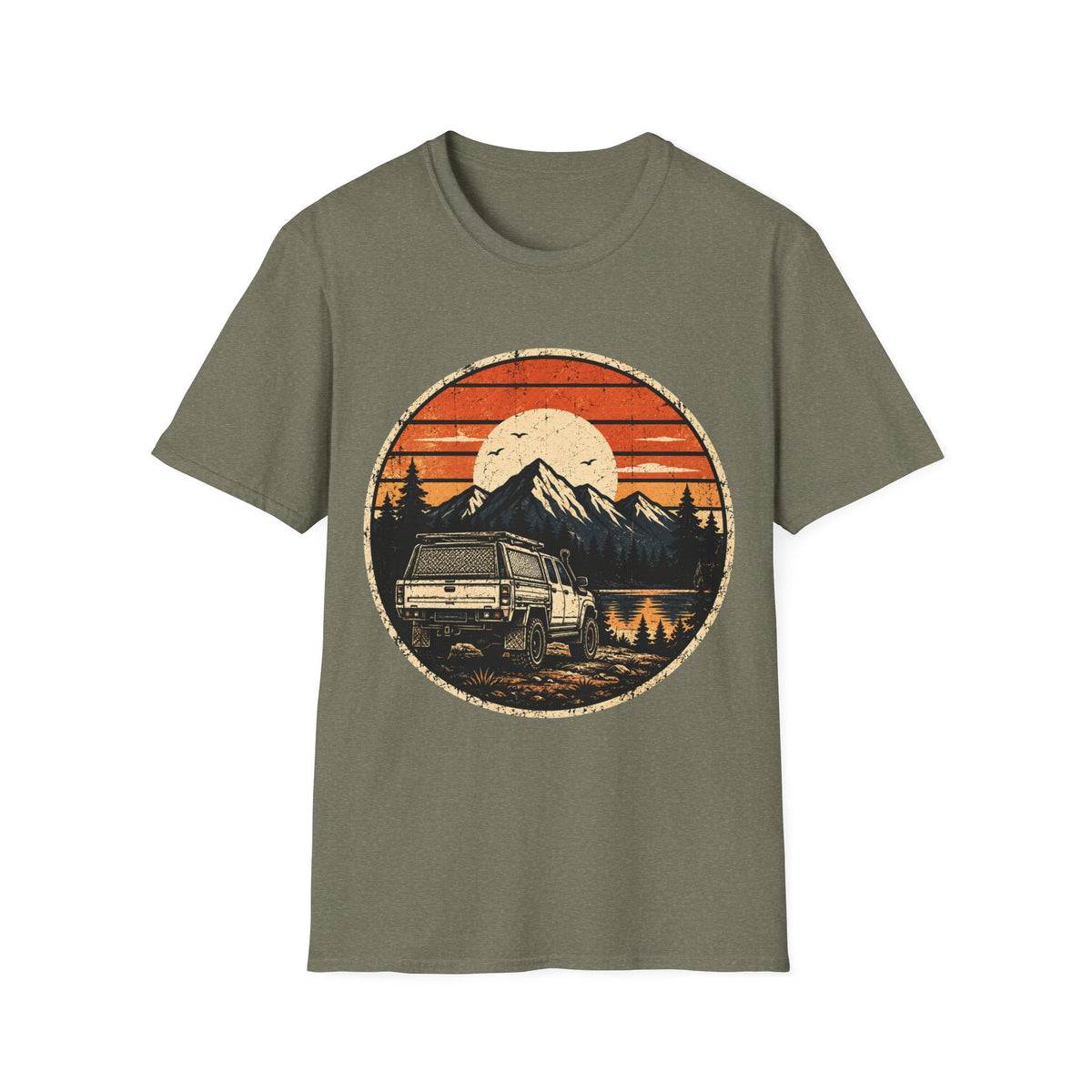 Vintage Camper Van T-Shirt — Retro Mountain Sunset Adventure Tee