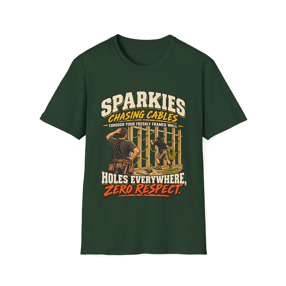 Electrician T-Shirt - "Sparkies Chasing Cables, Holes Everywhere, Zero Respect" Vintage Tradesman Tee