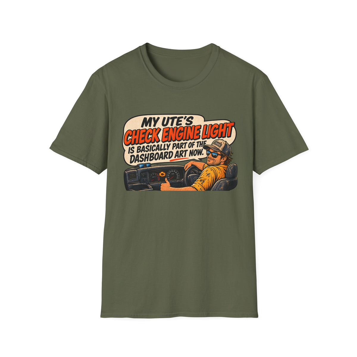 Mechanic Vibes T-Shirt — "My Ute’s Check Engine Light Is Basically Part Of The Dashboard Art Now"