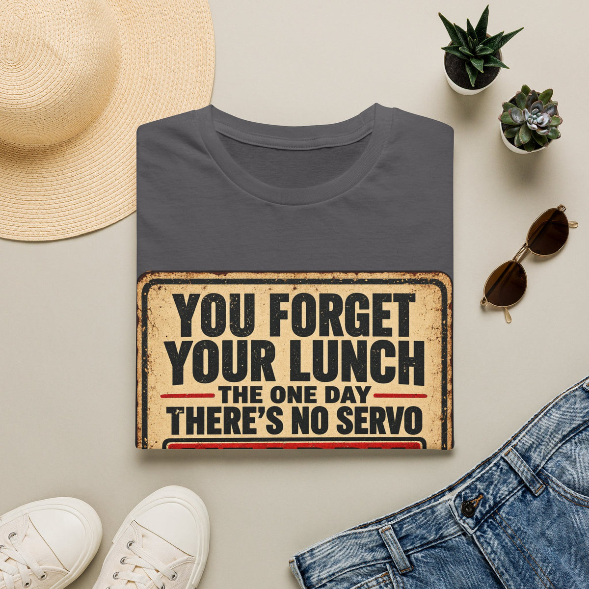 T-Shirt - "You Forget Your Lunch the One Day There's No Servo Nearby" Retro Lunchbox Graphic