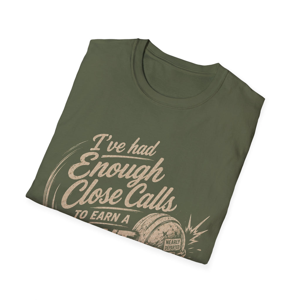 Stunt Double T-Shirt — "I’ve Had Enough Close Calls to Earn a Stunt Double" Vintage Helmet Graphic