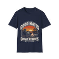 Good Mates T-Shirt - Vintage Camping Sunset 'Good Mates, Great Stories, Better Beers' Tee