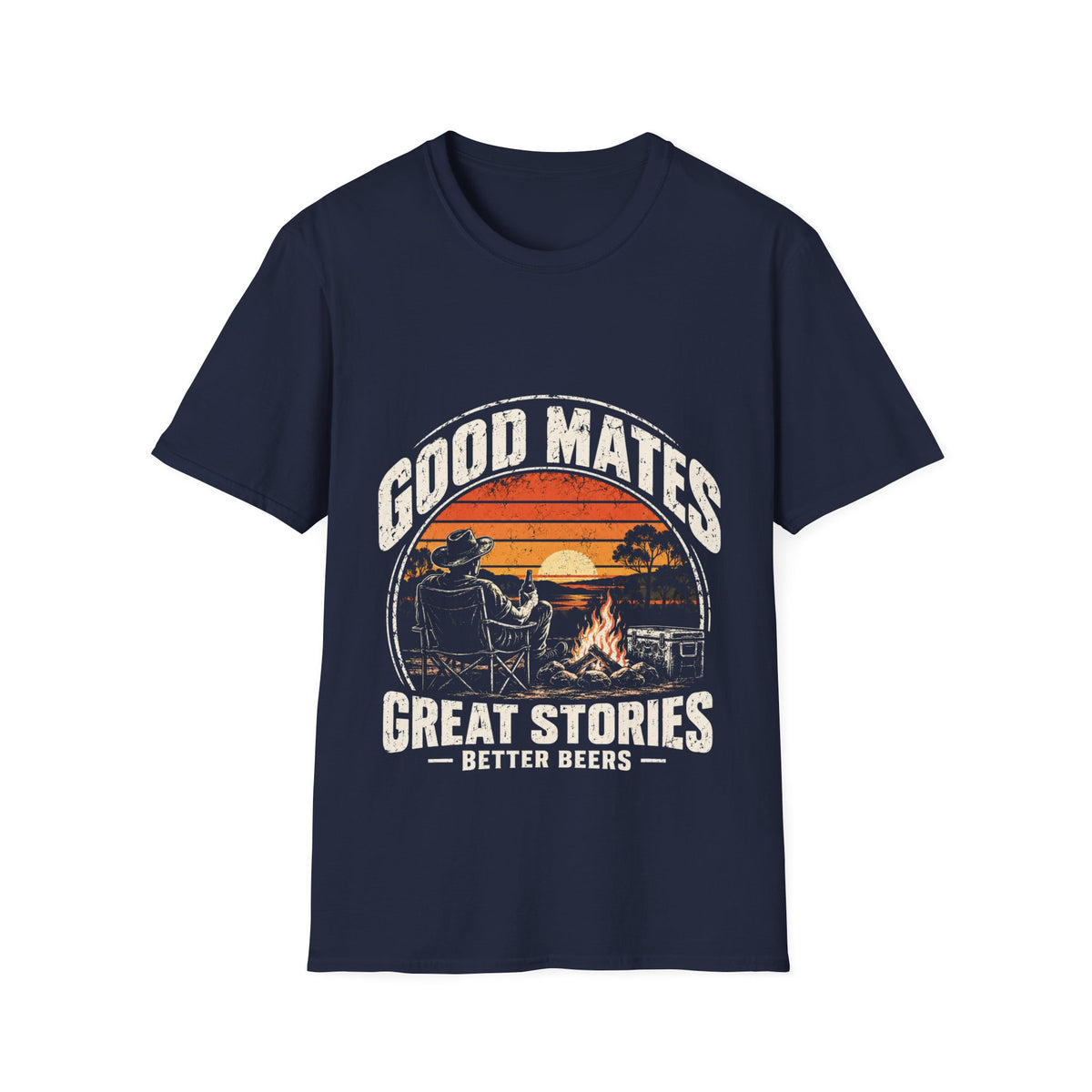 Good Mates T-Shirt - Vintage Camping Sunset 'Good Mates, Great Stories, Better Beers' Tee