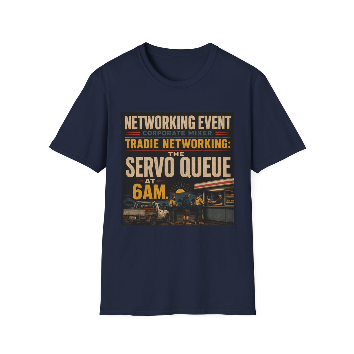 T-Shirt - "Tradie Networking: The Servo Queue at 6AM" Retro Service Station Graphic