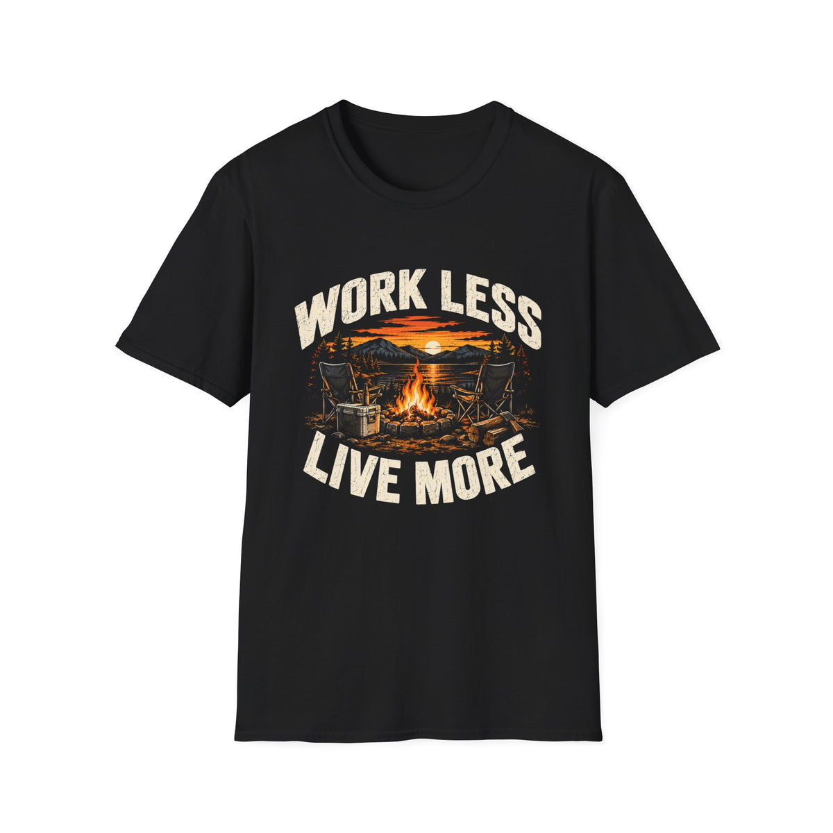 Work Less Live More Campfire T-Shirt — Outdoor Camping Graphic Tee