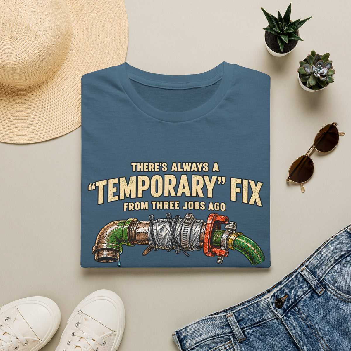 Plumber Humor T-Shirt — “There’s Always a ‘Temporary’ Fix From Three Jobs Ago Still Holding Strong”