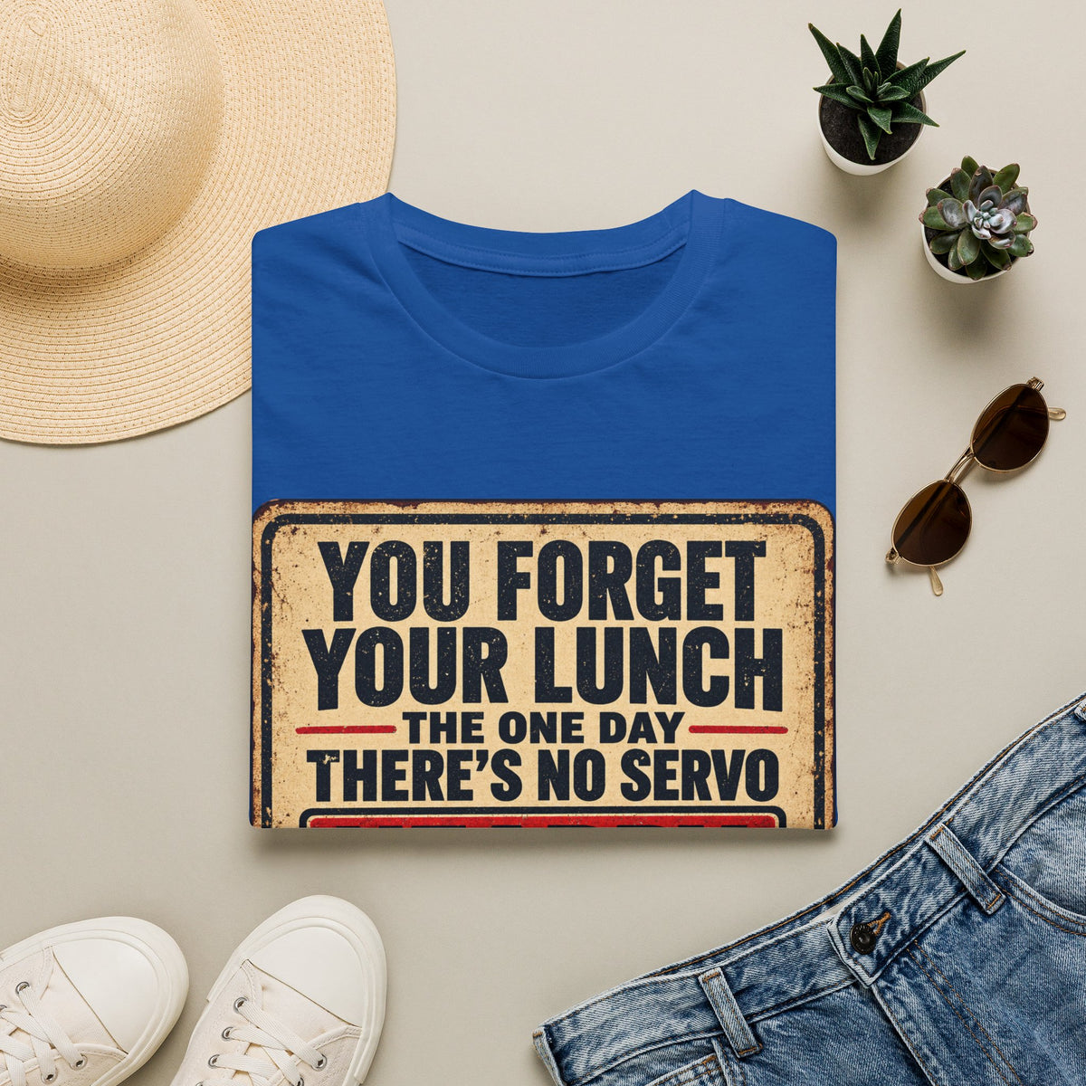 T-Shirt - "You Forget Your Lunch the One Day There's No Servo Nearby" Retro Lunchbox Graphic