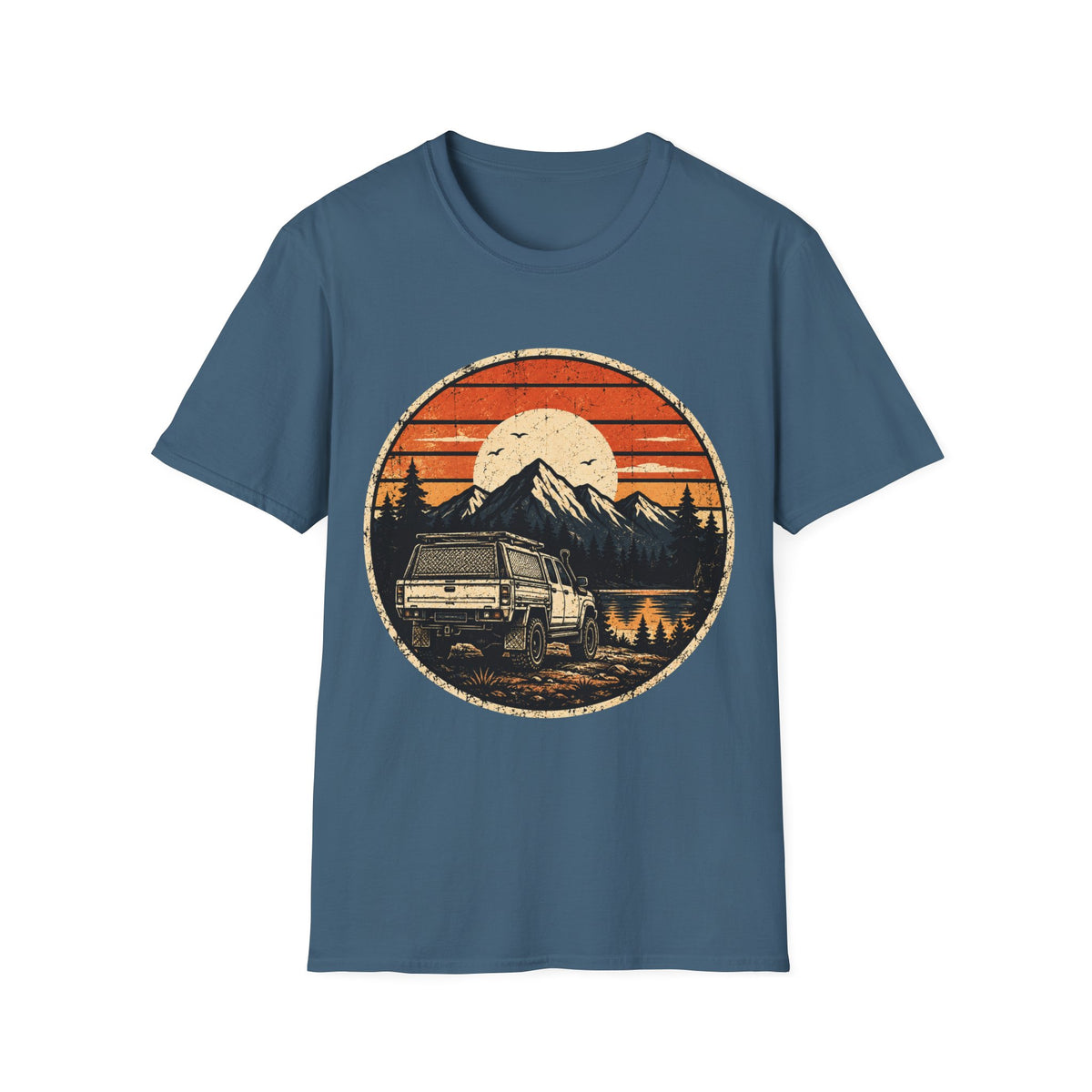 Vintage Camper Van T-Shirt — Retro Mountain Sunset Adventure Tee
