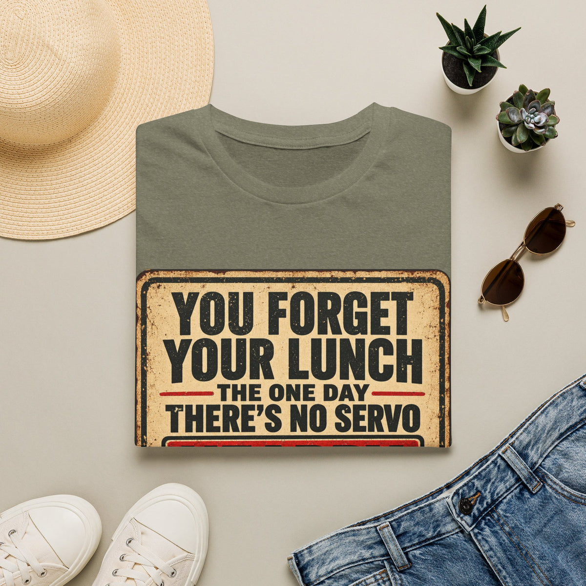 T-Shirt - "You Forget Your Lunch the One Day There's No Servo Nearby" Retro Lunchbox Graphic