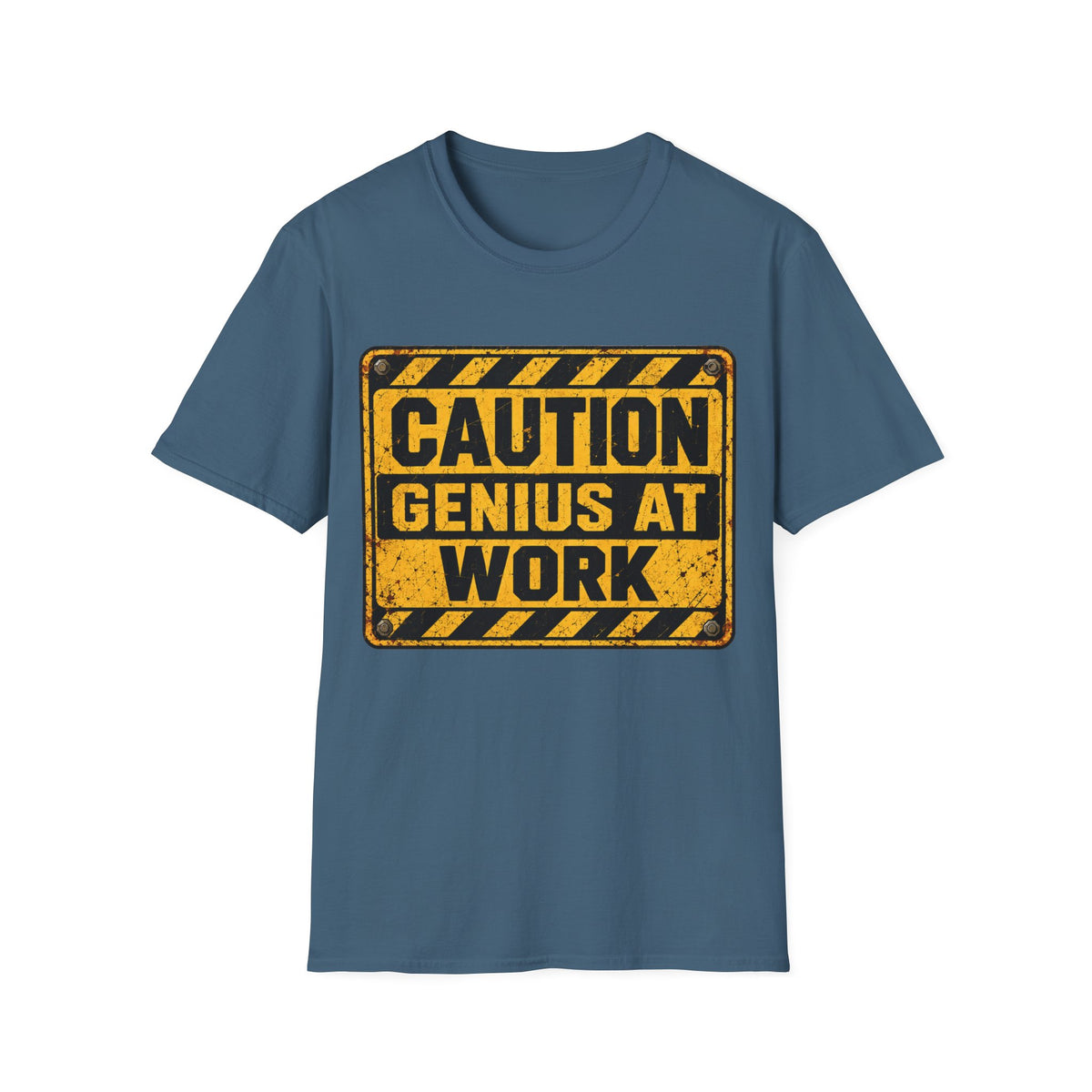 Genius At Work T-Shirt — Caution Sign Graphic Tee for Engineers & Makers