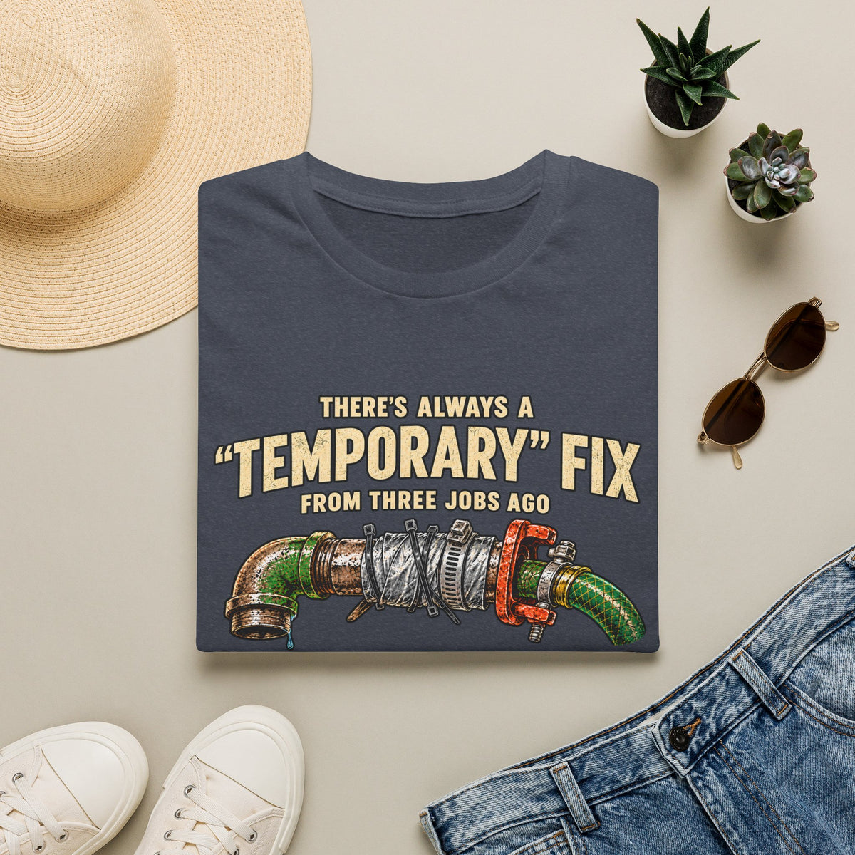 Plumber Humor T-Shirt — “There’s Always a ‘Temporary’ Fix From Three Jobs Ago Still Holding Strong”