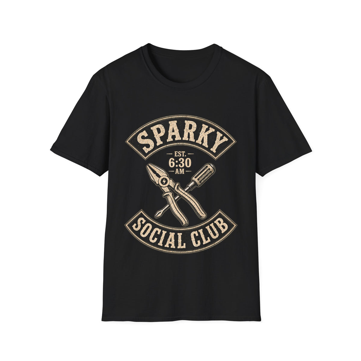 Sparky Social Club T-Shirt — Vintage Tool Graphic Tee (Est. 6:30 AM)