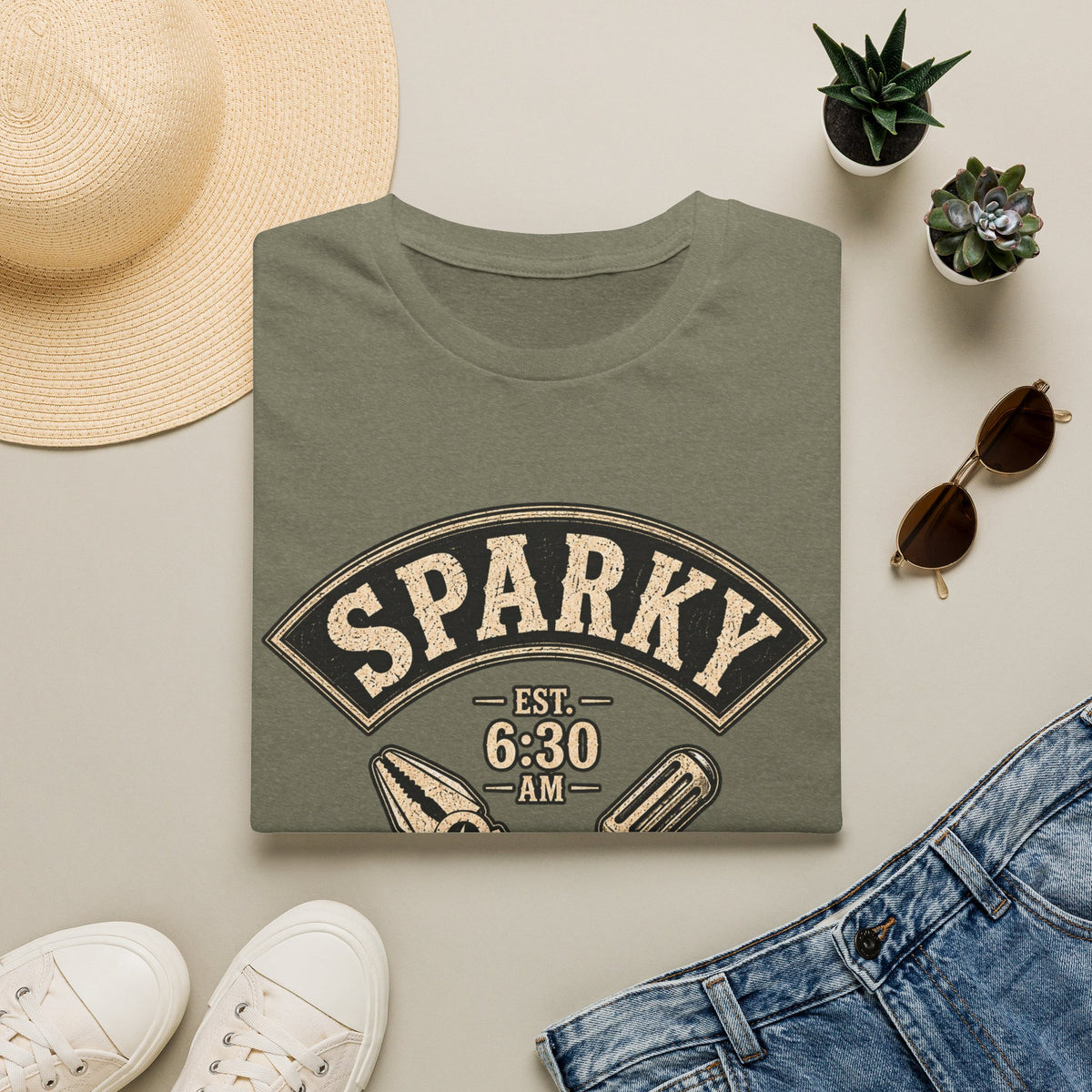 Sparky Social Club T-Shirt — Vintage Tool Graphic Tee (Est. 6:30 AM)