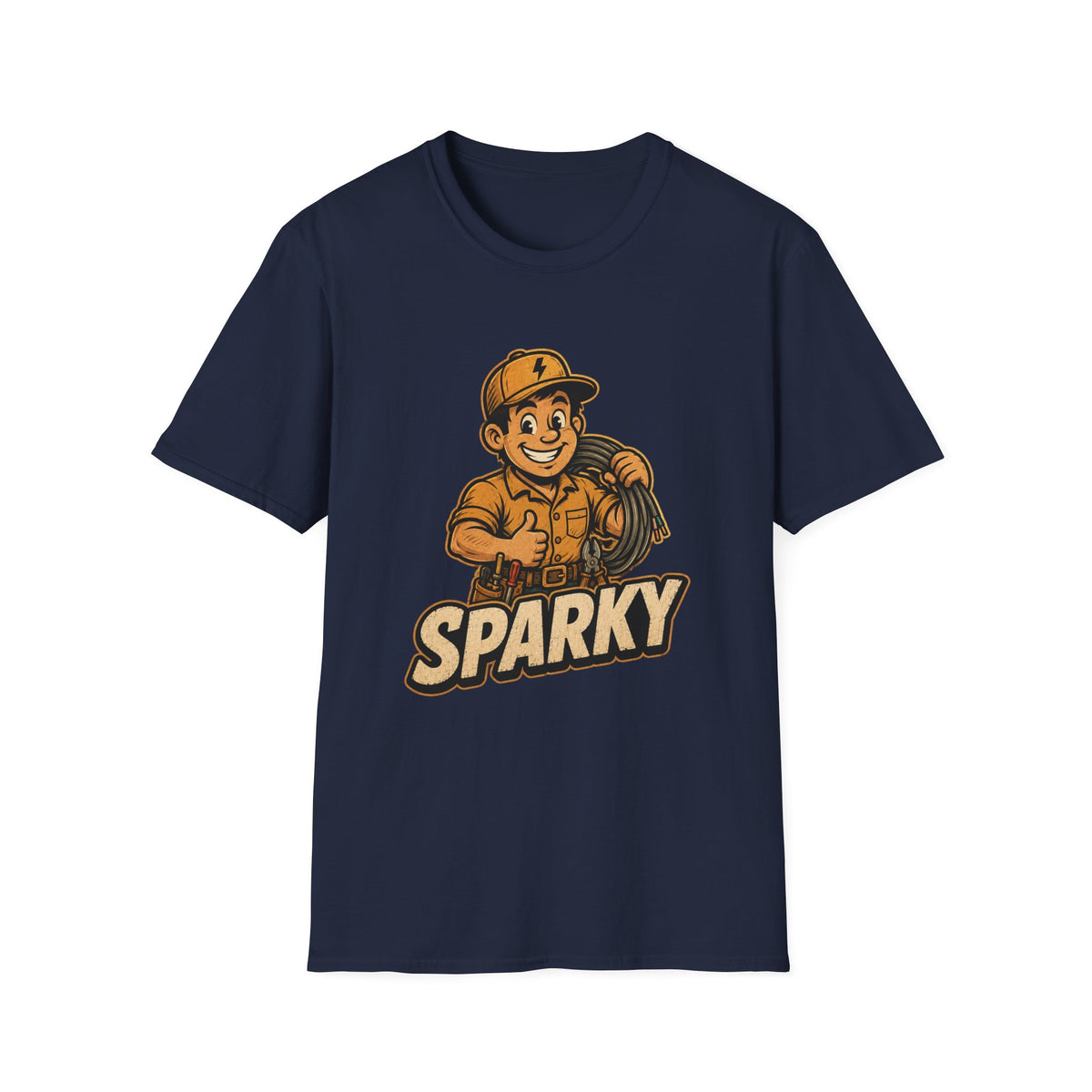 Sparky Electrician T-Shirt — Retro Tradesman Crew Tee