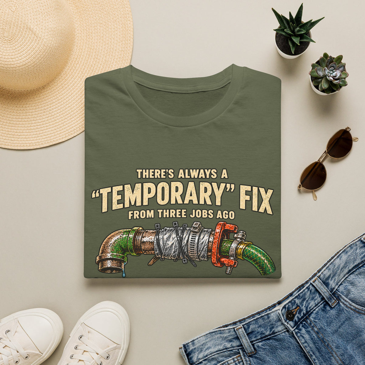 Plumber Humor T-Shirt — “There’s Always a ‘Temporary’ Fix From Three Jobs Ago Still Holding Strong”