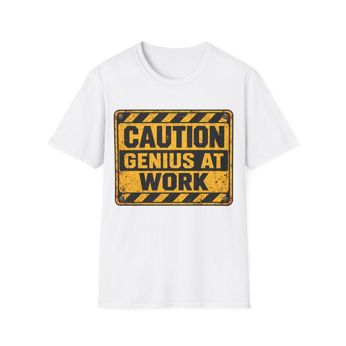 Genius At Work T-Shirt — Caution Sign Graphic Tee for Engineers & Makers