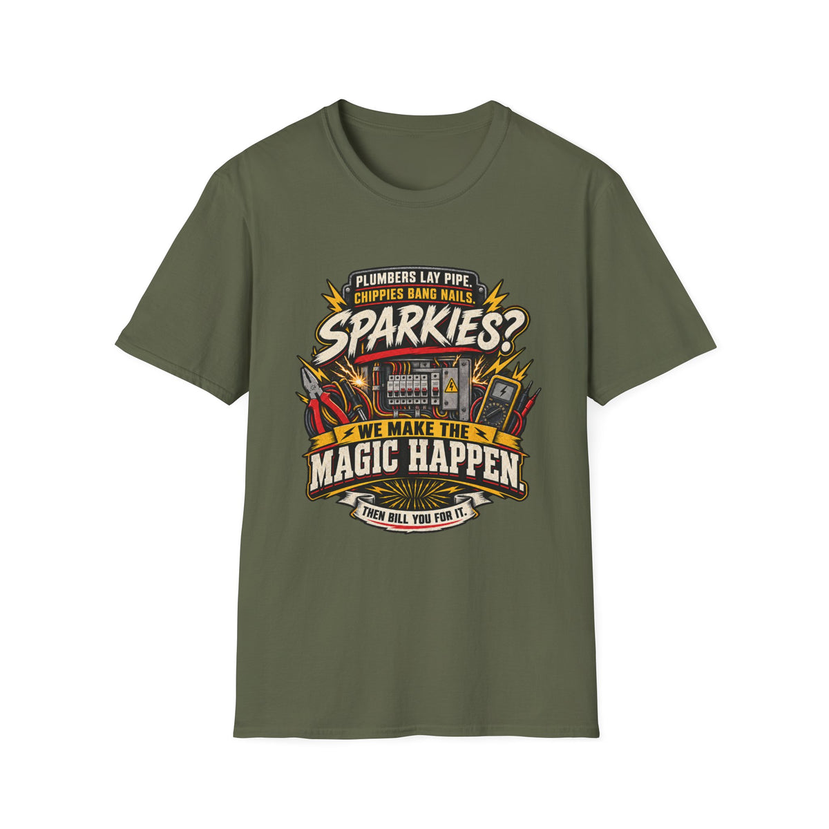 Electrician T-Shirt — "Sparkies? We Make the Magic Happen" Vintage Trade Tee