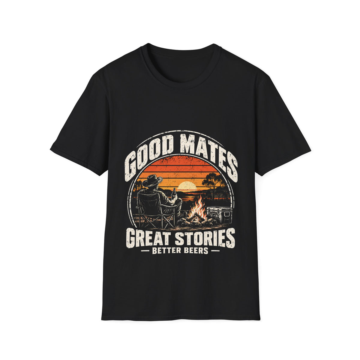Good Mates T-Shirt - Vintage Camping Sunset 'Good Mates, Great Stories, Better Beers' Tee