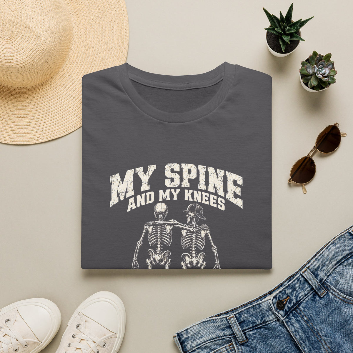 Funny Skeleton 'My Spine And My Knees, Business Partners' T-Shirt
