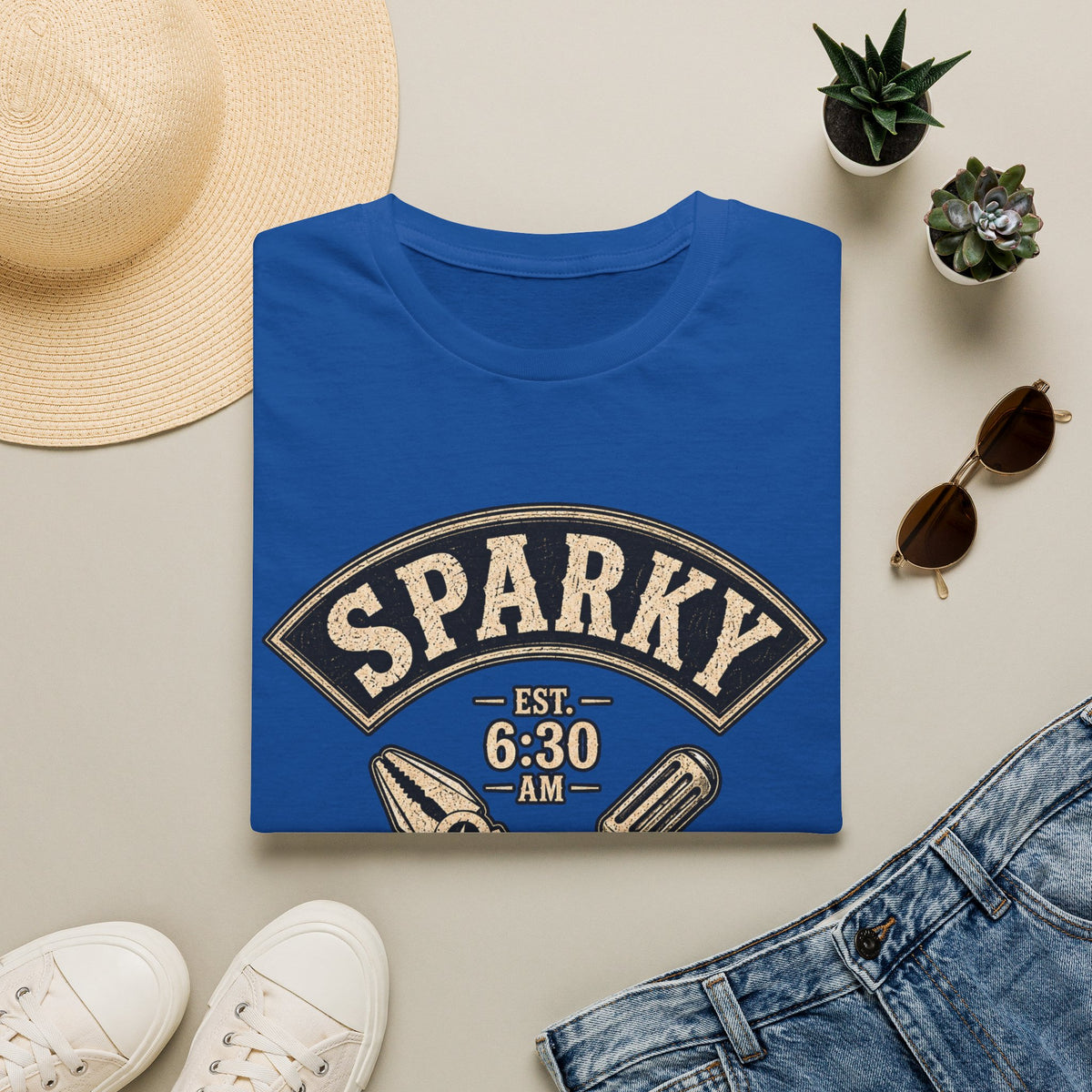 Sparky Social Club T-Shirt — Vintage Tool Graphic Tee (Est. 6:30 AM)