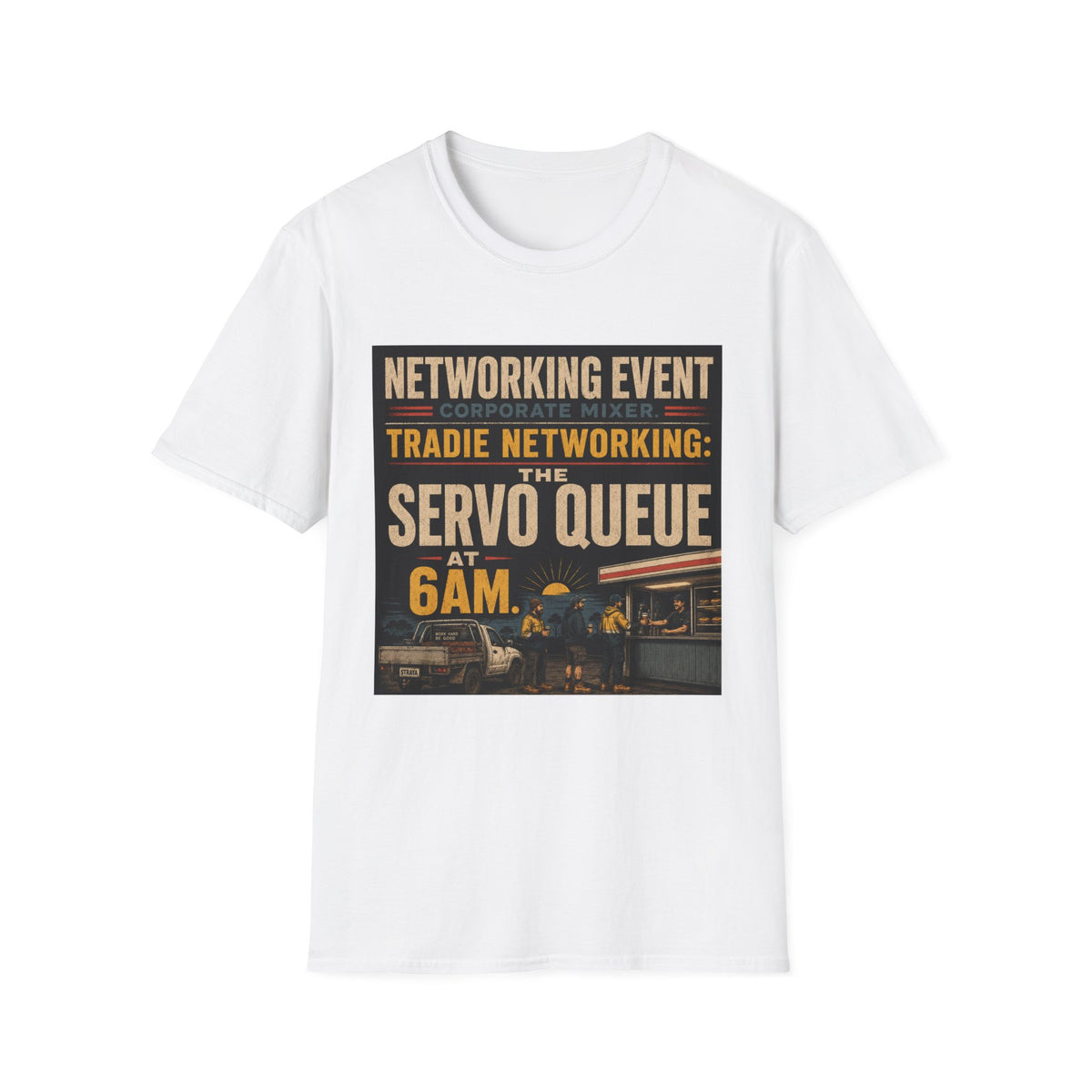 T-Shirt - "Tradie Networking: The Servo Queue at 6AM" Retro Service Station Graphic