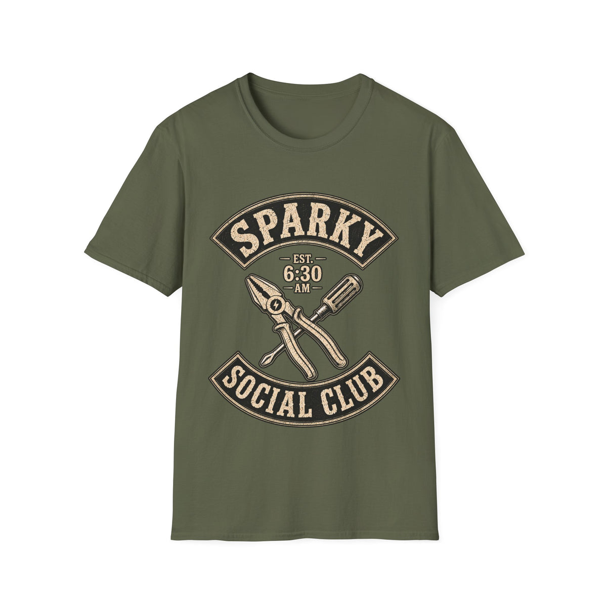 Sparky Social Club T-Shirt — Vintage Tool Graphic Tee (Est. 6:30 AM)