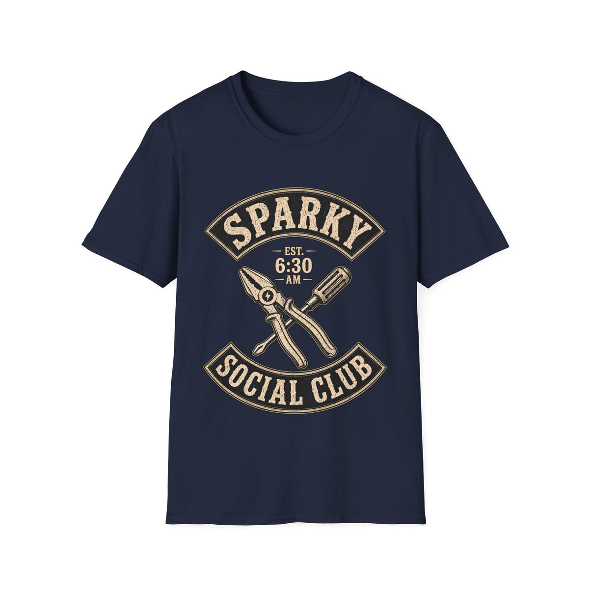 Sparky Social Club T-Shirt — Vintage Tool Graphic Tee (Est. 6:30 AM)