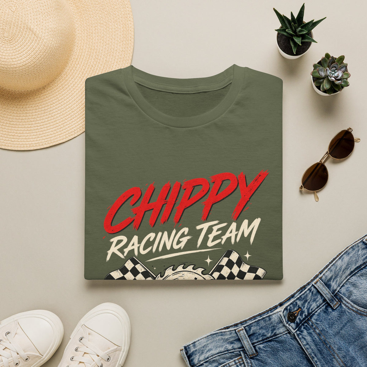 Racing T-Shirt — "Chippy Racing Team" Vintage Checkered Flag Tee
