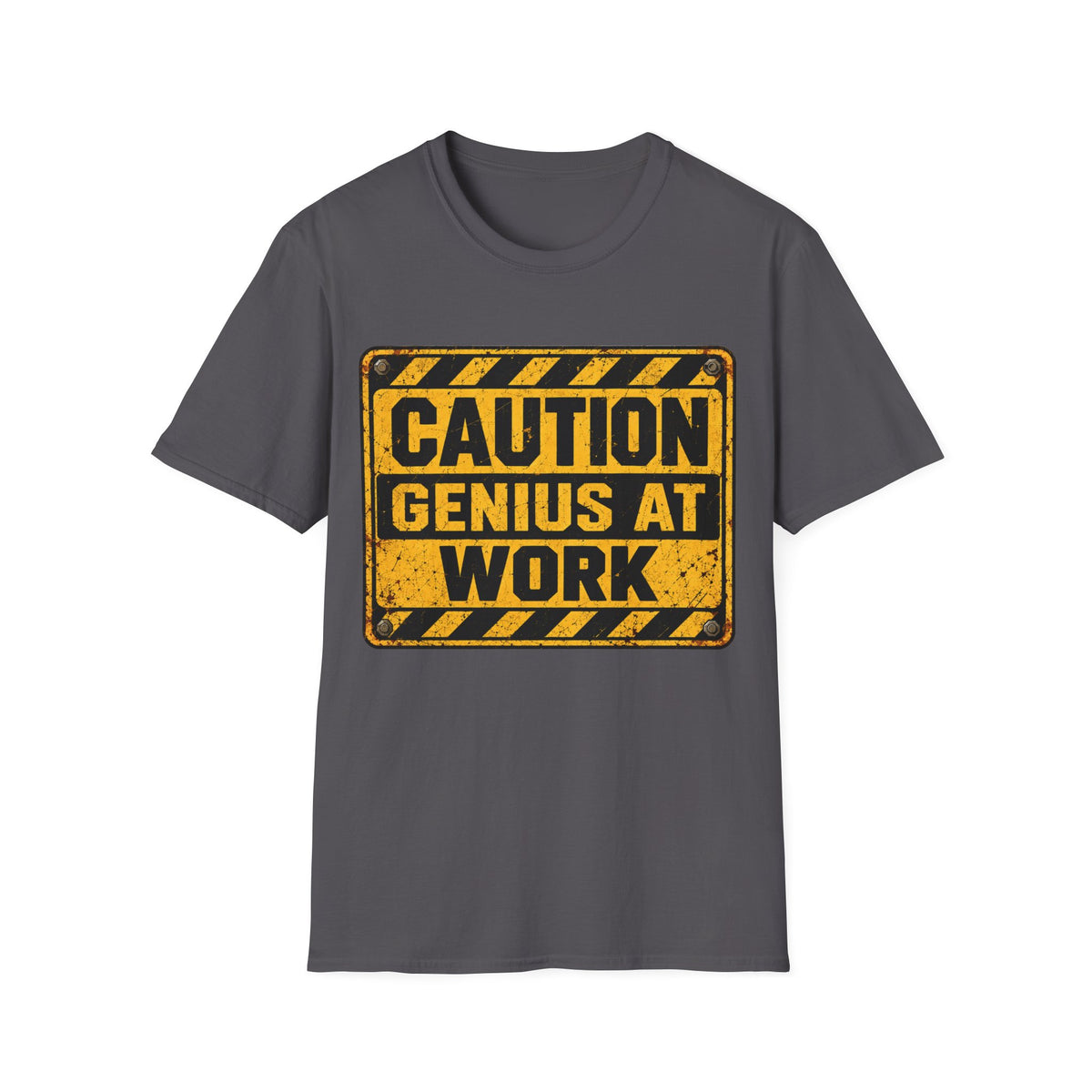 Genius At Work T-Shirt — Caution Sign Graphic Tee for Engineers & Makers