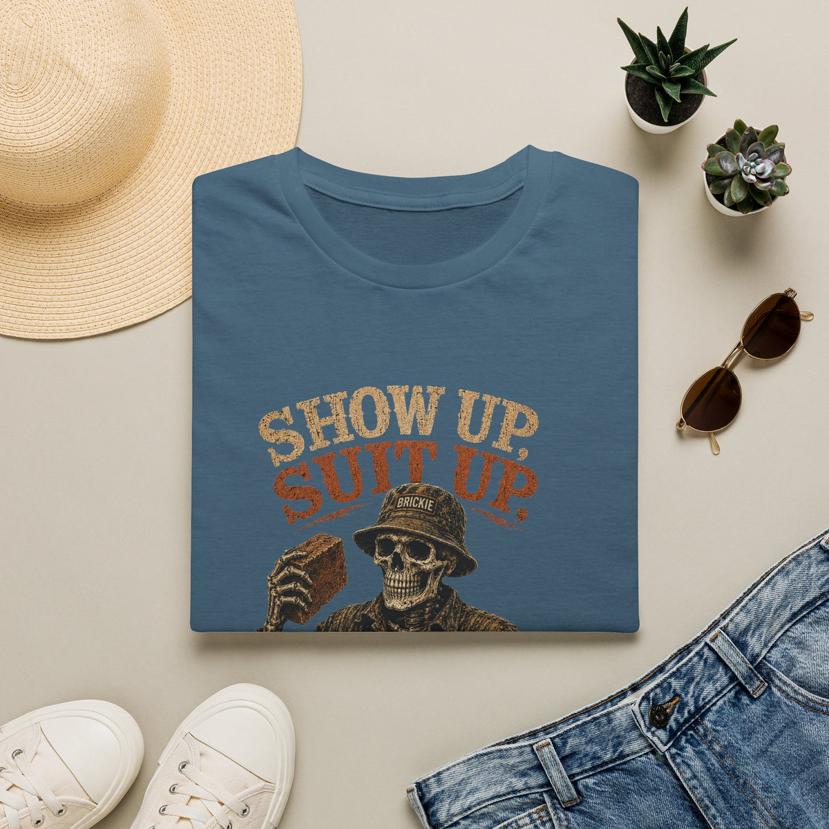 Show Up, Suit Up, Get It Done T-Shirt — Vintage Skeleton Worker Motivational Tee