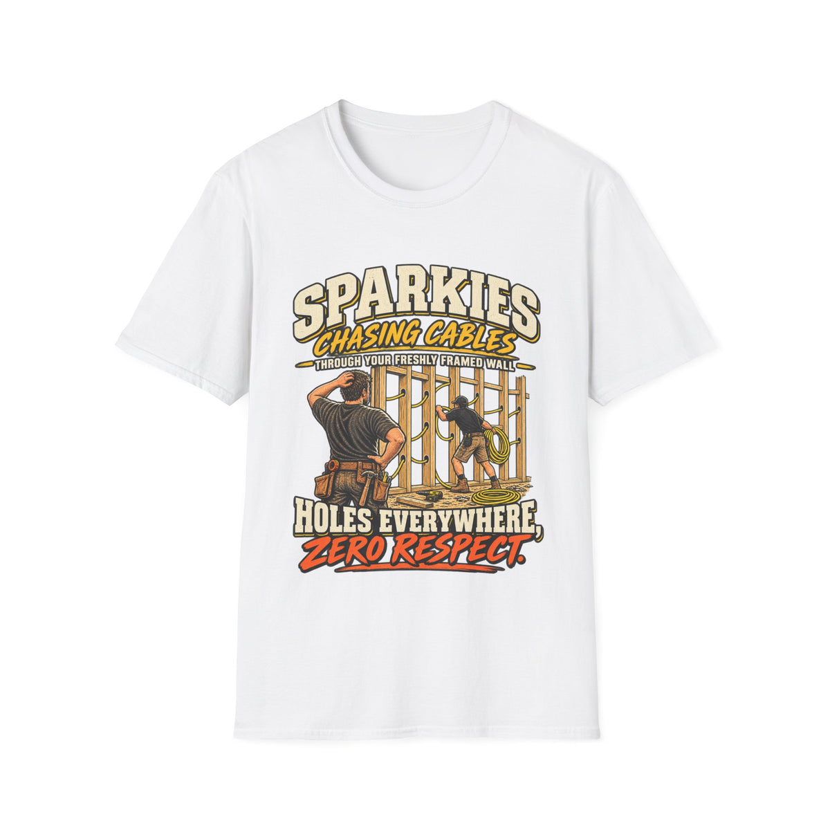 Electrician T-Shirt - "Sparkies Chasing Cables, Holes Everywhere, Zero Respect" Vintage Tradesman Tee