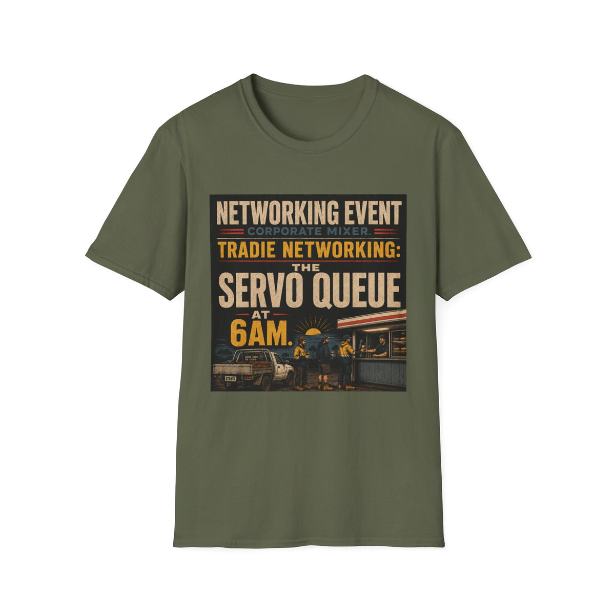 T-Shirt - "Tradie Networking: The Servo Queue at 6AM" Retro Service Station Graphic