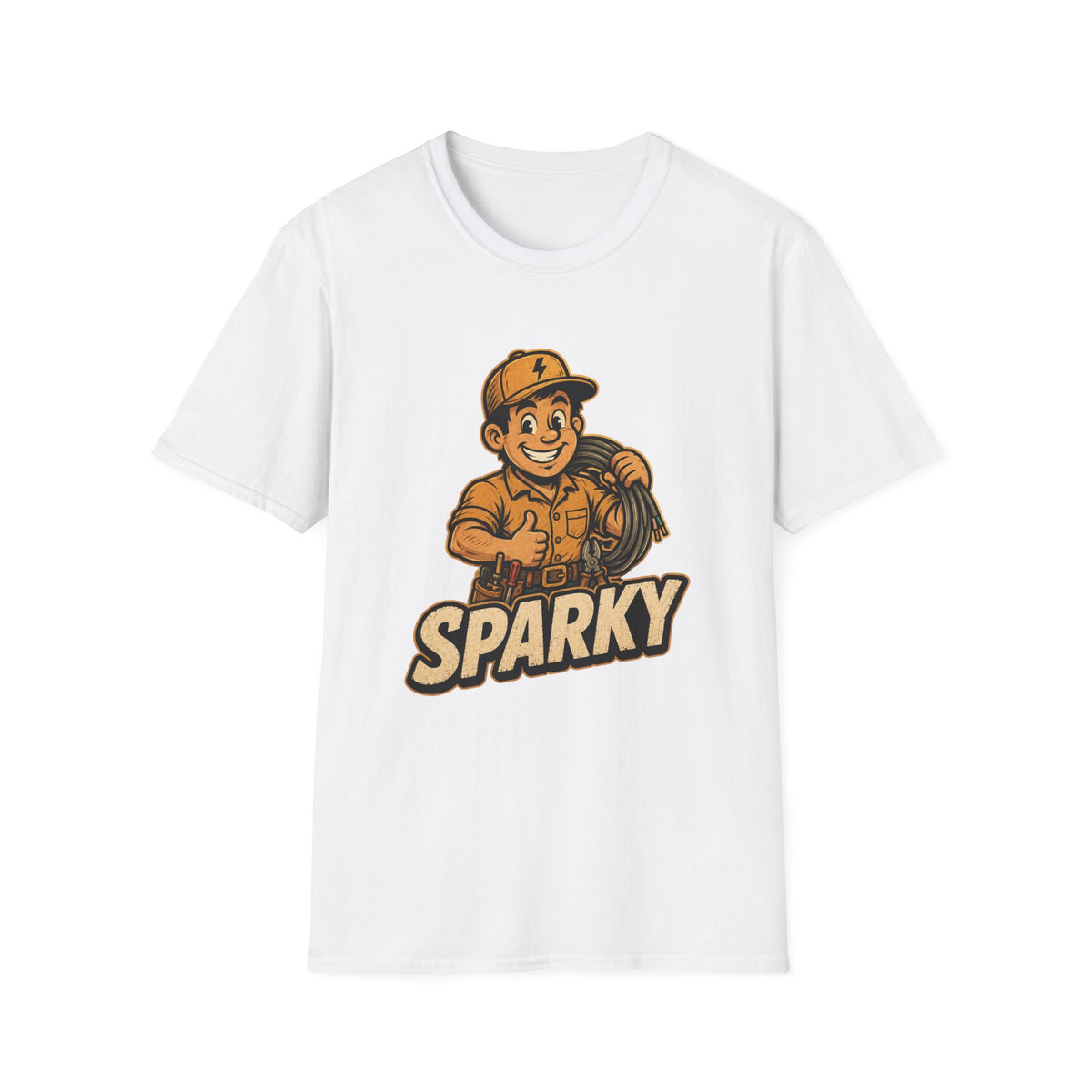Sparky Electrician T-Shirt — Retro Tradesman Crew Tee