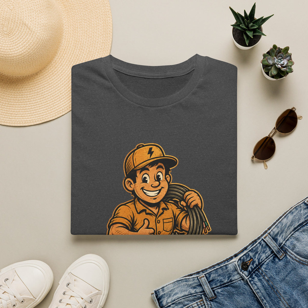 Sparky Electrician T-Shirt — Retro Tradesman Crew Tee