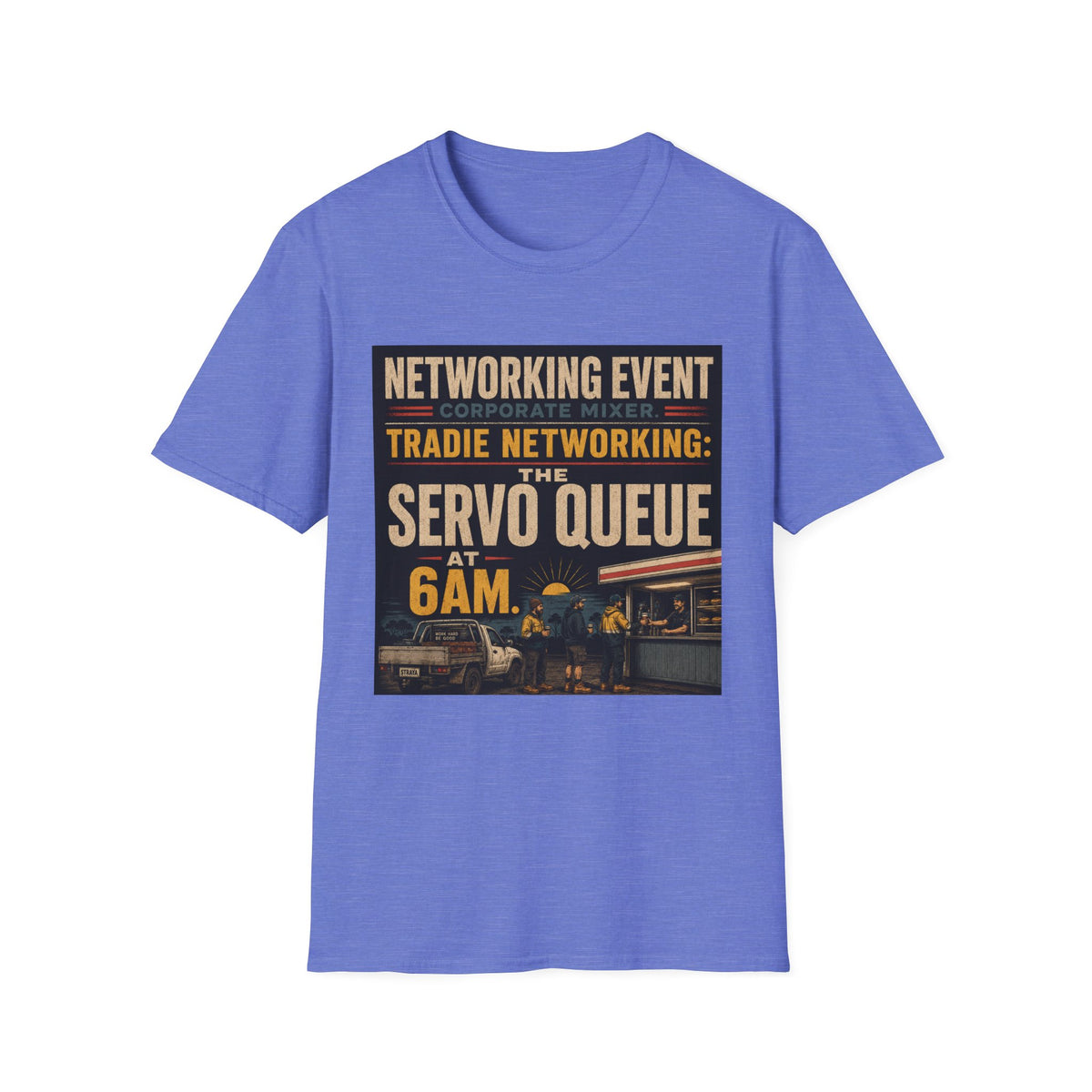 T-Shirt - "Tradie Networking: The Servo Queue at 6AM" Retro Service Station Graphic