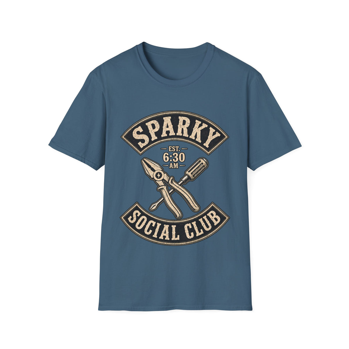 Sparky Social Club T-Shirt — Vintage Tool Graphic Tee (Est. 6:30 AM)